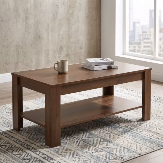 Premium 1.2M Rectangle Wooden Coffee Table featuring a rich dark walnut woodgrain finish, an expansive rectangular tabletop supporting a ceramic mug and books, an integrated open lower storage shelf, resting on a textured geometric area rug in a sunlit office room.