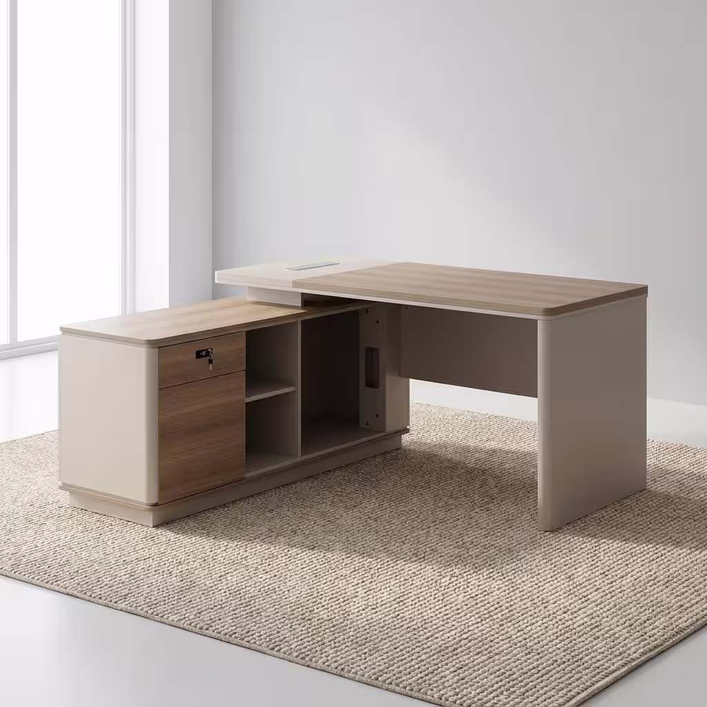 Premium 1.4M Modern L-Shaped Office Desk in a neutral beige and light wood finish, showing a dual-monitor setup and an attached side return in a sunlit corner office.