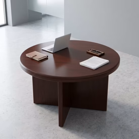 Premium 4-Seater Round Wooden Conference Table featuring a smooth circular tabletop with a rich mahogany woodgrain finish, supported by a heavy-duty intersecting cross-panel pedestal base, surrounded by four black mesh cantilever chairs in a corporate studio setup.