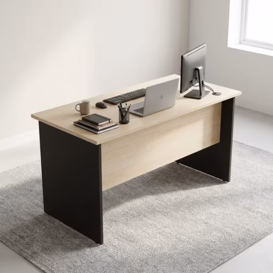 Premium 1.2M Office Desk With 3-Drawers in a sleek oak woodgrain finish with a lockable white drawer face, showing a laptop and office accessories on a light gray rug.