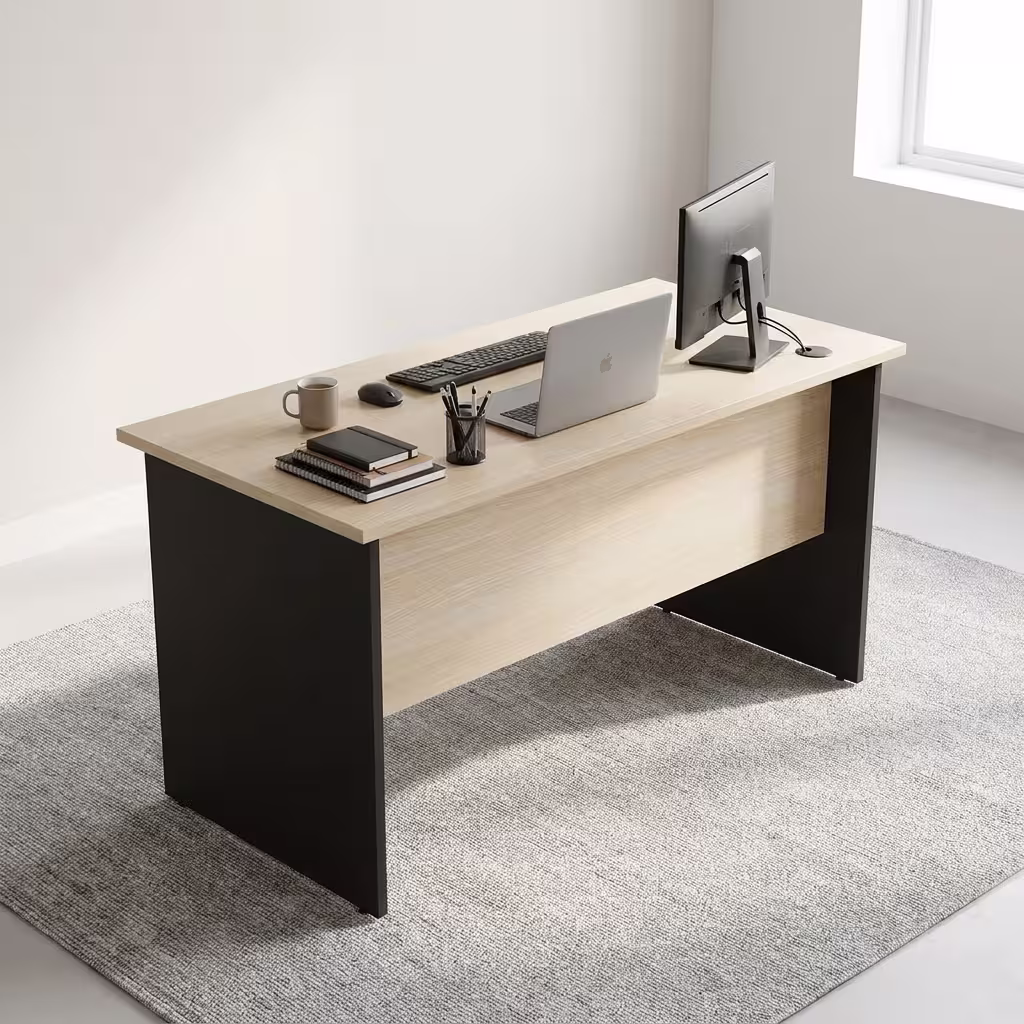 Premium 1.2M Office Desk With 3-Drawers in a sleek oak woodgrain finish with a lockable white drawer face, showing a laptop and office accessories on a light gray rug.