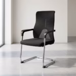 Premium Executive Conference/Visitor Office Chair featuring a black mesh backrest, a thick upholstered seat cushion, rigid black loop armrests, and a reflective chrome sled base.