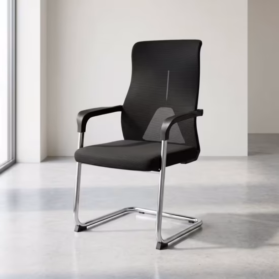 Premium Executive Conference/Visitor Office Chair featuring a black mesh backrest, a thick upholstered seat cushion, rigid black loop armrests, and a reflective chrome sled base.