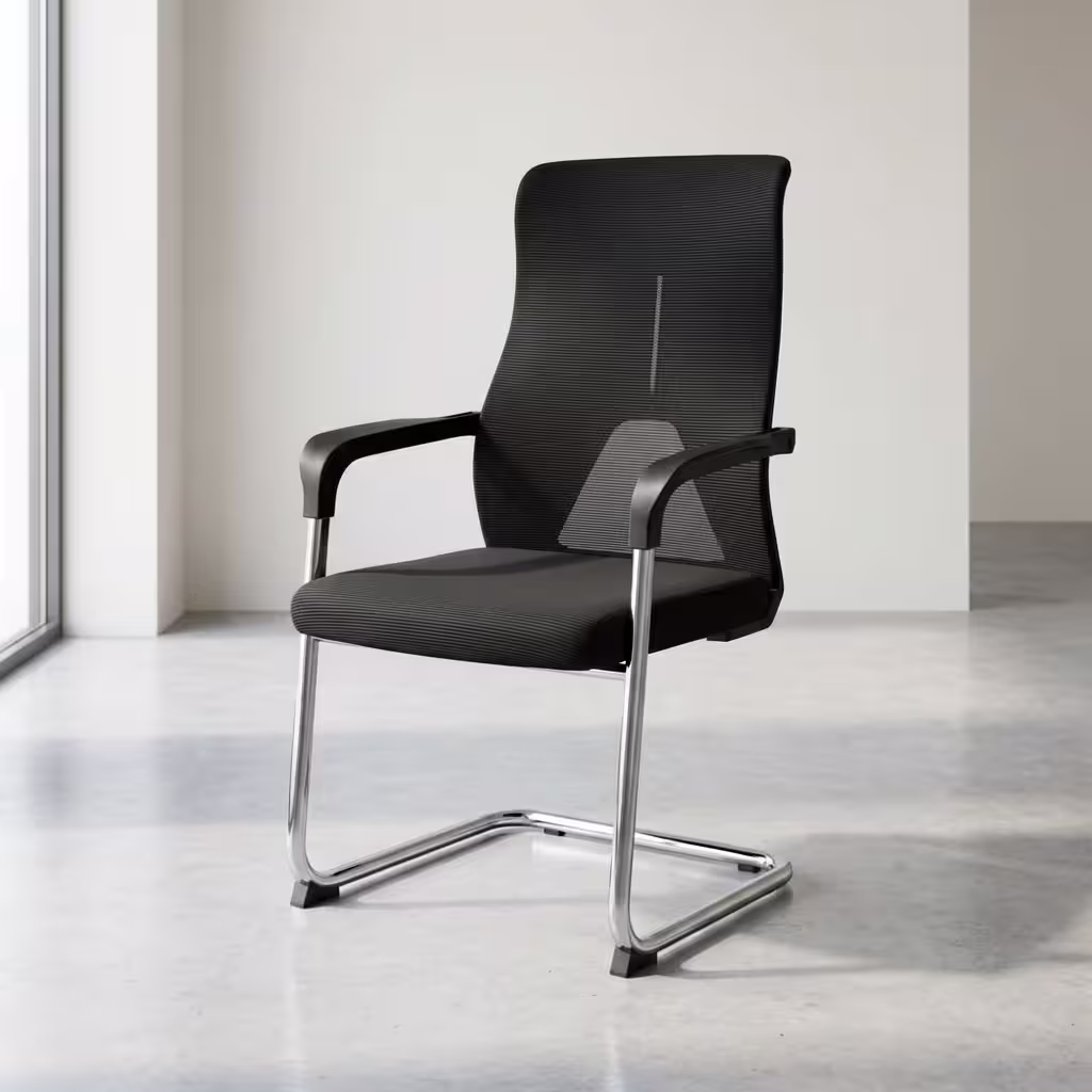 Premium Executive Conference/Visitor Office Chair featuring a black mesh backrest, a thick upholstered seat cushion, rigid black loop armrests, and a reflective chrome sled base.