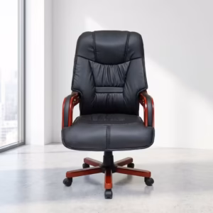 Premium High-Back Executive Director Recliner Office Chair in glossy black faux leather with thick padded armrests and a durable five-star rolling base, shown in a modern suite.