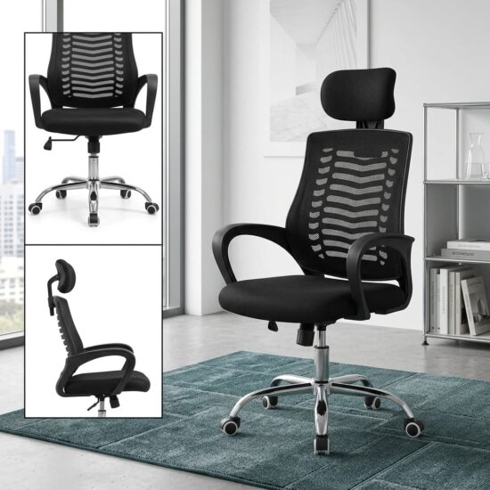 Swivel Mesh Ergonomic Office Chair featuring a black mesh backrest, horizontal skeletal lumbar ribs, rectangular headrest, contoured fabric seat cushion, open-loop black armrests, and a polished five-star chrome base with dual-wheel casters.