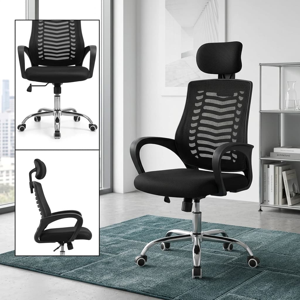 Swivel Mesh Ergonomic Office Chair featuring a black mesh backrest, horizontal skeletal lumbar ribs, rectangular headrest, contoured fabric seat cushion, open-loop black armrests, and a polished five-star chrome base with dual-wheel casters.