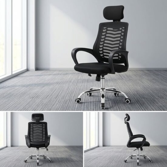 Swivel Mesh Ergonomic Office Chair featuring a black mesh backrest, horizontal skeletal lumbar ribs, rectangular headrest, contoured fabric seat cushion, open-loop black armrests, and a polished five-star chrome base with dual-wheel casters.