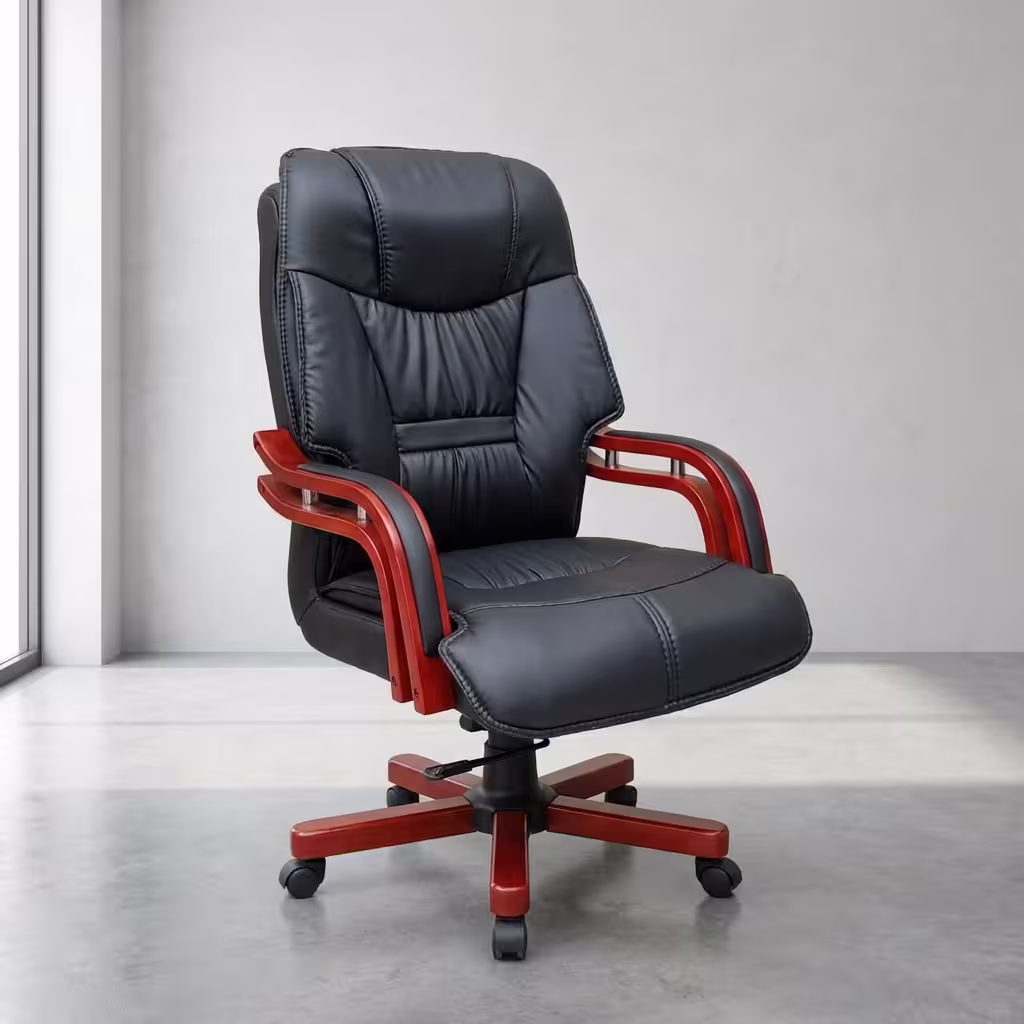 Premium High-Back Executive Director Recliner Office Chair in glossy black faux leather with thick padded armrests and a durable five-star rolling base, shown in a modern suite.