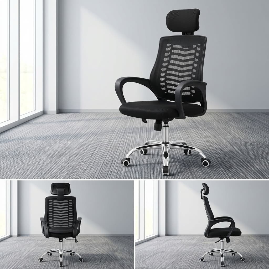 Swivel Mesh Ergonomic Office Chair featuring a black mesh backrest, horizontal skeletal lumbar ribs, rectangular headrest, contoured fabric seat cushion, open-loop black armrests, and a polished five-star chrome base with dual-wheel casters.