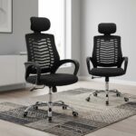 Swivel Mesh Ergonomic Office Chair featuring a black mesh backrest, horizontal skeletal lumbar ribs, rectangular headrest, contoured fabric seat cushion, open-loop black armrests, and a polished five-star chrome base with dual-wheel casters.