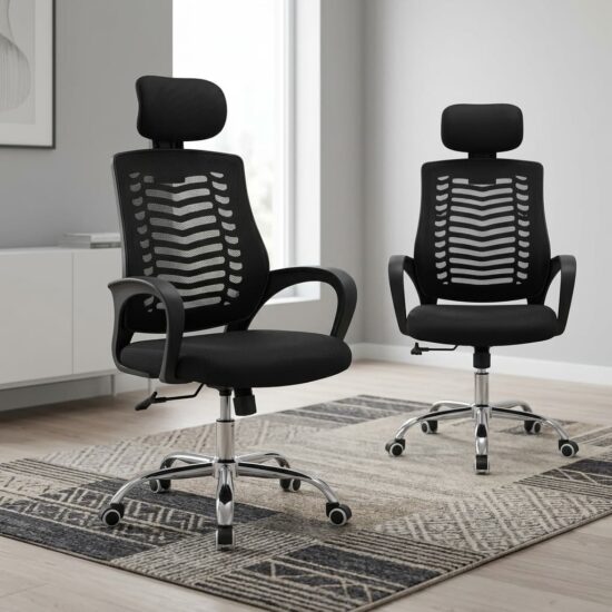 Swivel Mesh Ergonomic Office Chair featuring a black mesh backrest, horizontal skeletal lumbar ribs, rectangular headrest, contoured fabric seat cushion, open-loop black armrests, and a polished five-star chrome base with dual-wheel casters.