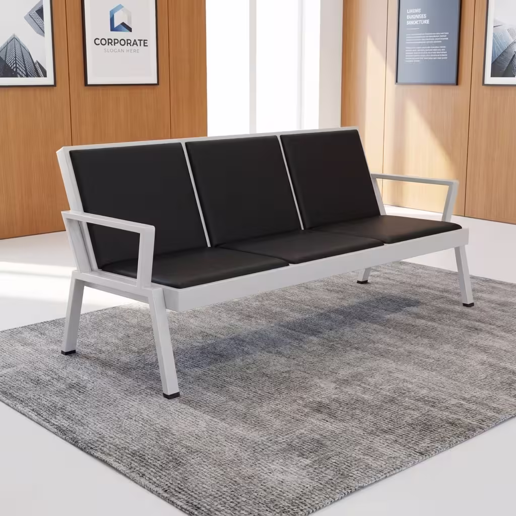 Premium 3-Link Heavy duty Reception Waiting Bench featuring three connected black cushioned seats, a silver chrome metal frame, and integrated armrests, isolated in a bright lobby.