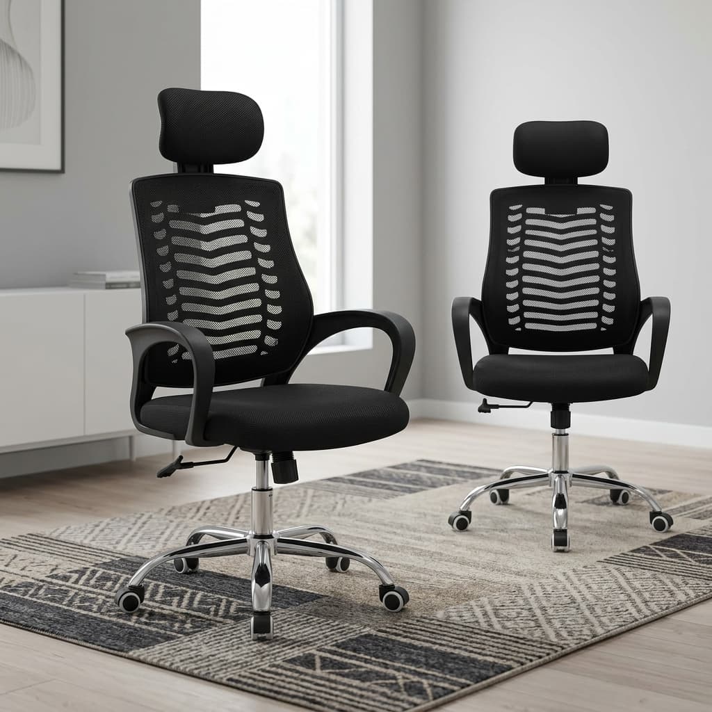 Swivel Mesh Ergonomic Office Chair featuring a black mesh backrest, horizontal skeletal lumbar ribs, rectangular headrest, contoured fabric seat cushion, open-loop black armrests, and a polished five-star chrome base with dual-wheel casters.
