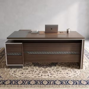 Premium 1.6M Luxury Executive Office Desk in a deep walnut finish with an integrated side return cabinet, displaying an open laptop and modern silver cable ports.