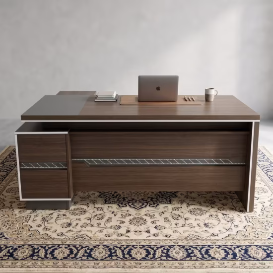 Premium 1.6M Luxury Executive Office Desk in a deep walnut finish with an integrated side return cabinet, displaying an open laptop and modern silver cable ports.