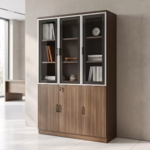 Premium 3-Door Wooden Office Storage Cabinet in a rich walnut finish, highlighting an upper three-door black-framed tempered glass display section and a lockable solid wooden base in an executive office lobby.