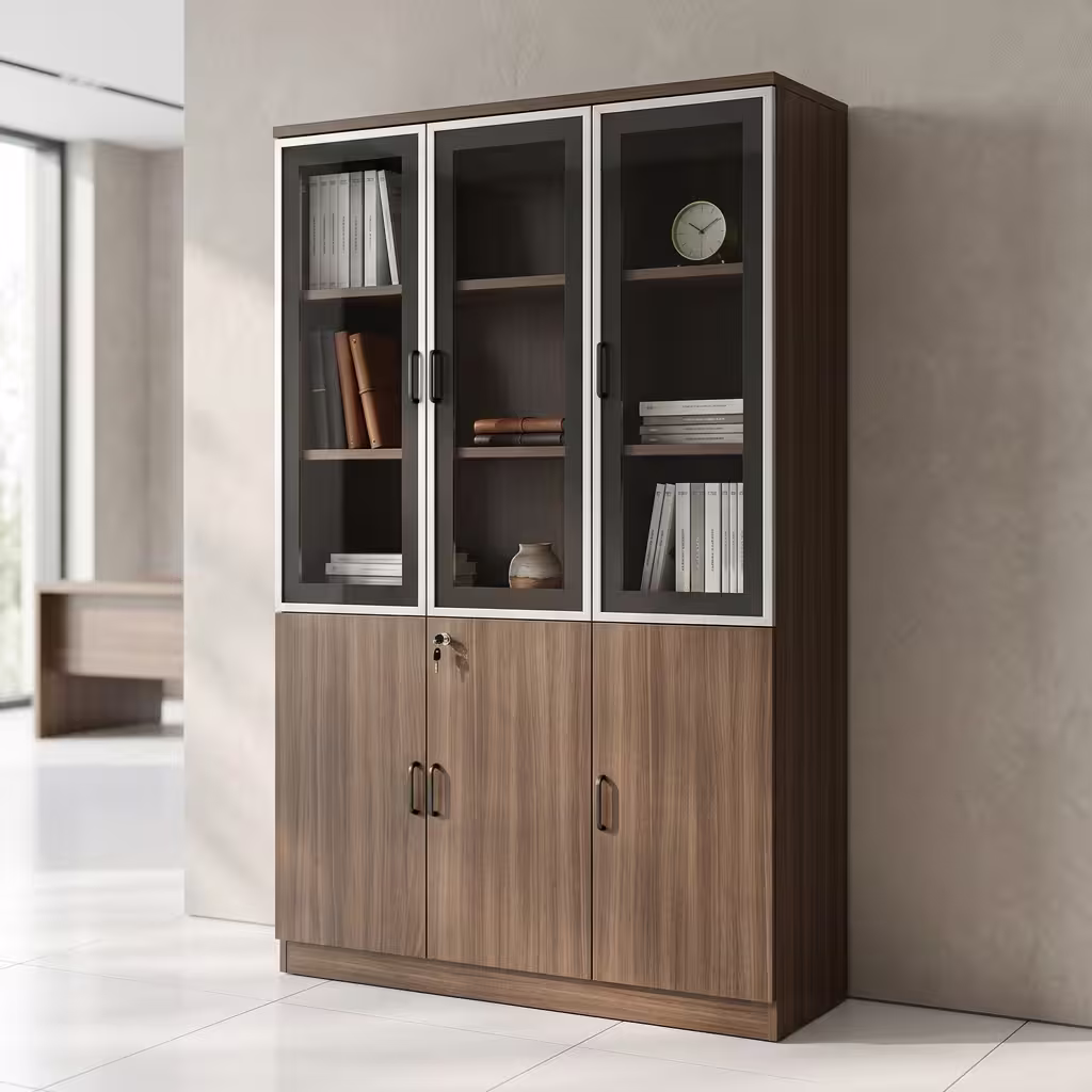 Premium 3-Door Wooden Office Storage Cabinet in a rich walnut finish, highlighting an upper three-door black-framed tempered glass display section and a lockable solid wooden base in an executive office lobby.
