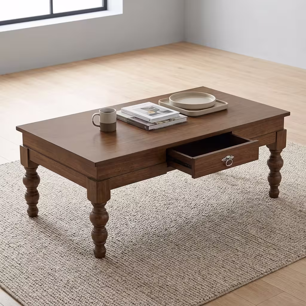 Wooden Coffee Table With Storage Premium Wooden Coffee Table With Storage in a rich mahogany finish, showcasing a central drawer with a metallic ring pull, a slatted bottom shelf, and carved turned legs on a plush area rug.