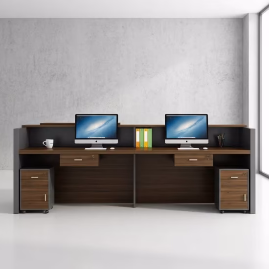 Premium 2.0M Modern Executive Reception Desk featuring a clean white and woodgrain finish, a dual-tier transaction counter top, and an integrated side storage hutch with lockable drawers in a corporate lobby.