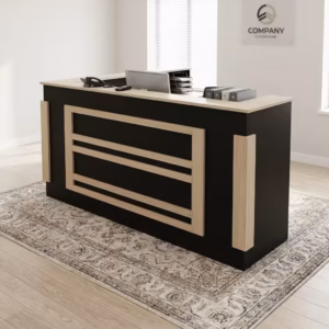 Premium 2M Wooden Reception Office Desk with a dark walnut front panel, a white transaction ledge, and built-in drawers in a bright corporate office lobby.