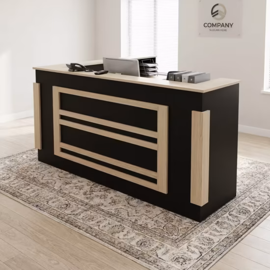 Premium 2M Wooden Reception Office Desk with a dark walnut front panel, a white transaction ledge, and built-in drawers in a bright corporate office lobby.