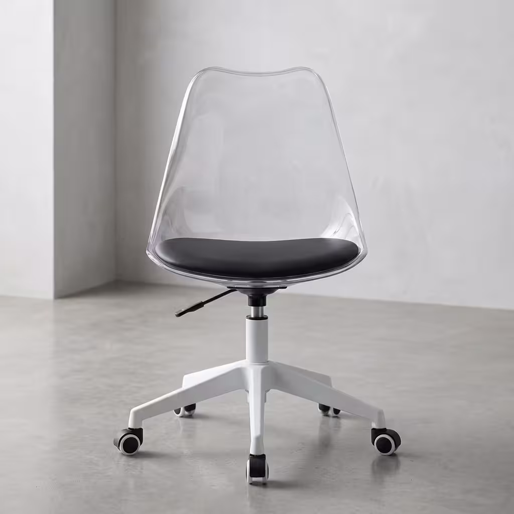 Premium Adjustable Height Swivel Study Chair showcasing a crystal-clear transparent molded acrylic shell backrest, a thick matte black faux leather seat cushion, a manual height adjustment lever, and a high-stability powder-coated white five-star star base on rolling wheels.