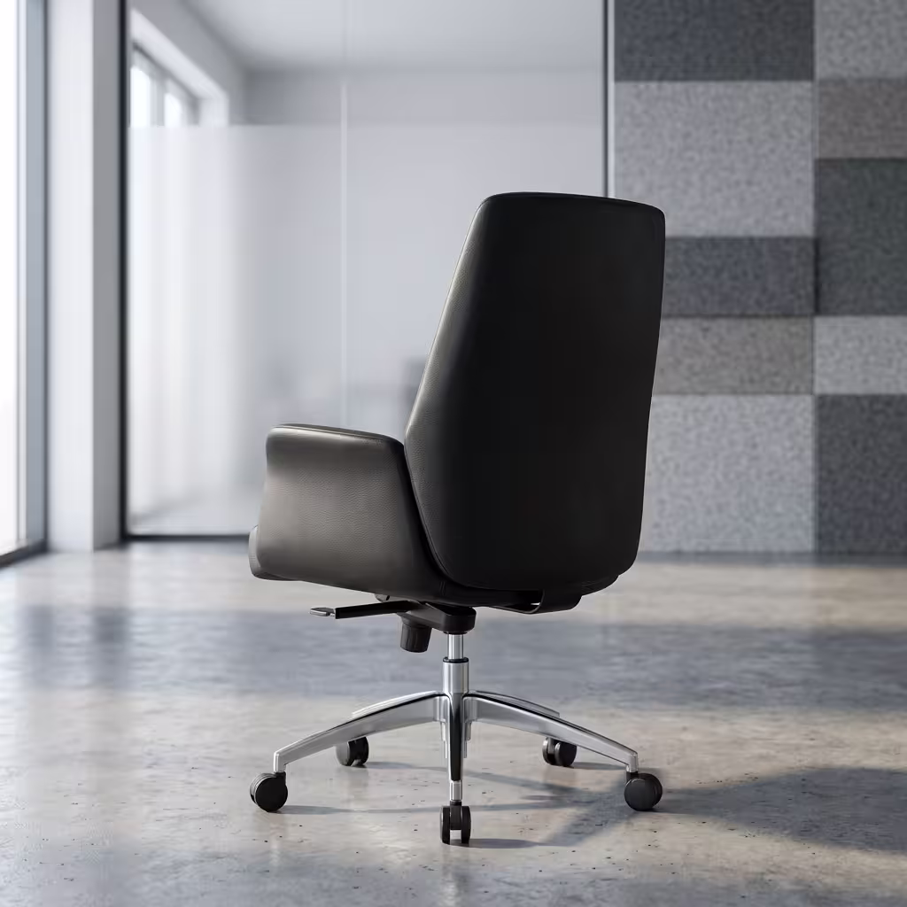 Premium Mid-Back Executive Black Leather Office Chair featuring a matte black leatherette upholstered body shell, structured flared armrests, an under-seat height adjustment lever, and a highly reflective polished aluminum five-star star base with rolling wheels.