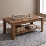 Premium 1.2M Rectangle Wooden Coffee Table featuring a rich dark walnut woodgrain finish, an expansive rectangular tabletop supporting a ceramic mug and books, an integrated open lower storage shelf, resting on a textured geometric area rug in a sunlit office room.