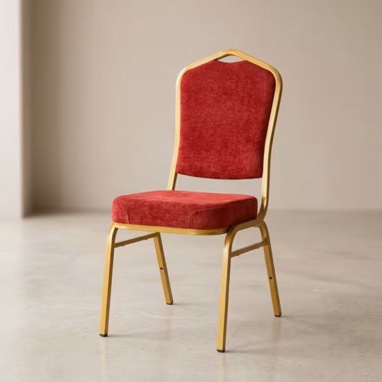 Premium Stackable Heavy-Duty Banquet Chair featuring a high-prestige crown-back silhouette in a textured fabric upholstery, supported by a glossy gold-vein powder-coated steel frame with double support braces, standing on a polished floor.