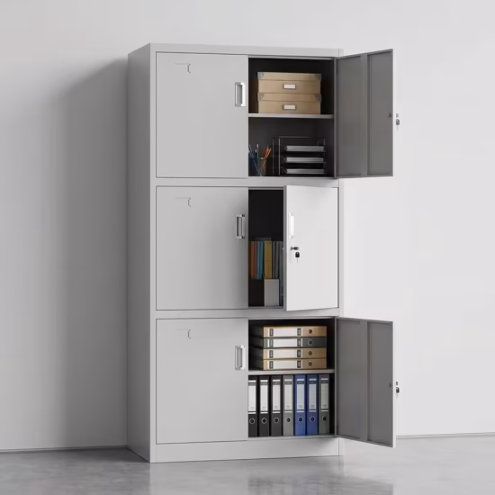 Tall 6-Locker Metallic Filing Office Cabinet in a professional matte gray finish, highlighting a 2x3 grid of doors with individual key locks and air ventilation slots in a modern corporate staff room.