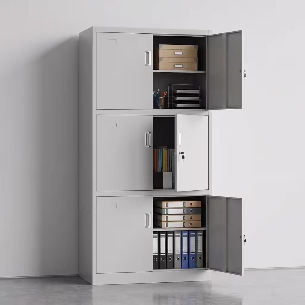 Tall 6-Locker Metallic Filing Office Cabinet in a professional matte gray finish, highlighting a 2x3 grid of doors with individual key locks and air ventilation slots in a modern corporate staff room.