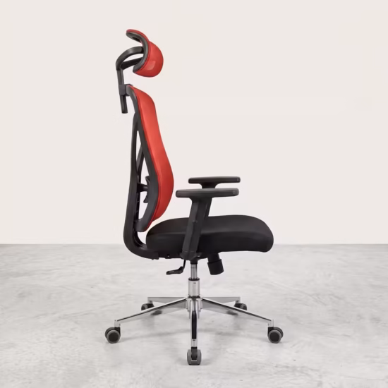 Premium Adjustable Ergonomic Office Chair featuring a black mesh high backrest, an adjustable headrest, rigid armrests, and a reflective polished chrome star base with wheels.