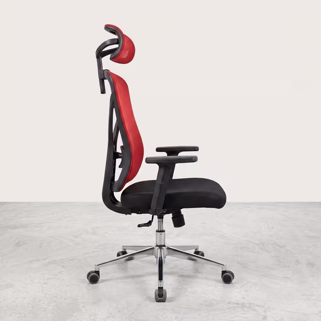Premium Adjustable Ergonomic Office Chair featuring a black mesh high backrest, an adjustable headrest, rigid armrests, and a reflective polished chrome star base with wheels.