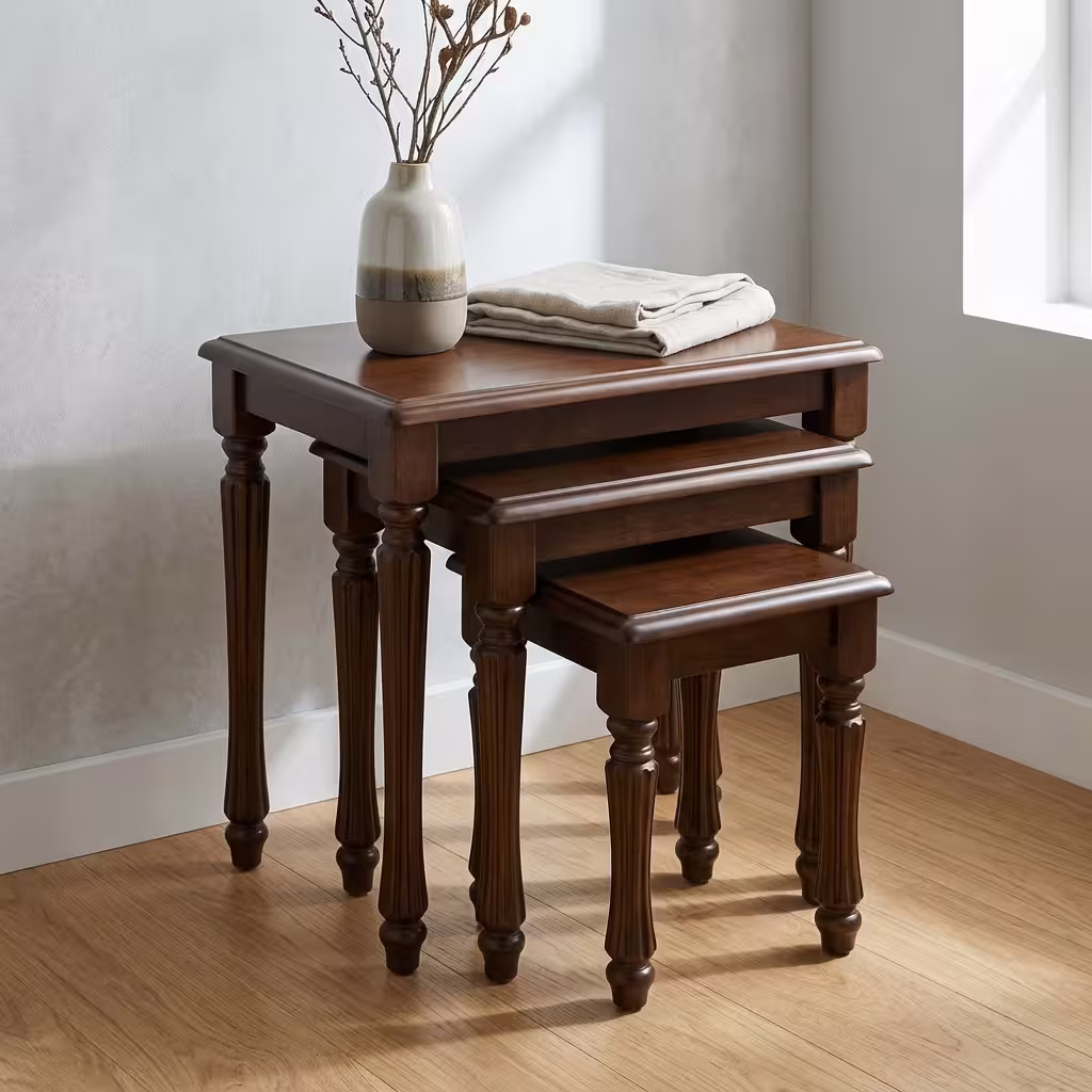 Premium 3-Piece Set Wooden Nesting Stool showing three cascading solid rubberwood tables neatly arranged from largest to smallest on a polished hardwood floor.