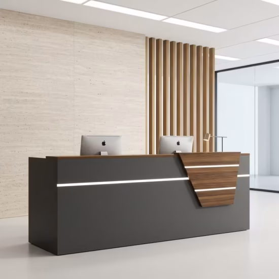Premium 2.0M Modern Executive Reception Desk featuring a clean white and woodgrain finish, a dual-tier transaction counter top, and an integrated side storage hutch with lockable drawers in a corporate lobby.
