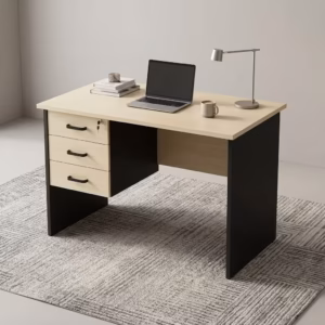 Premium 0.9M Custom Office/Home Desk featuring a smooth light wood tabletop, a built-in silver USB charging port panel, and a matte black metal frame standing in a sunlit corner room