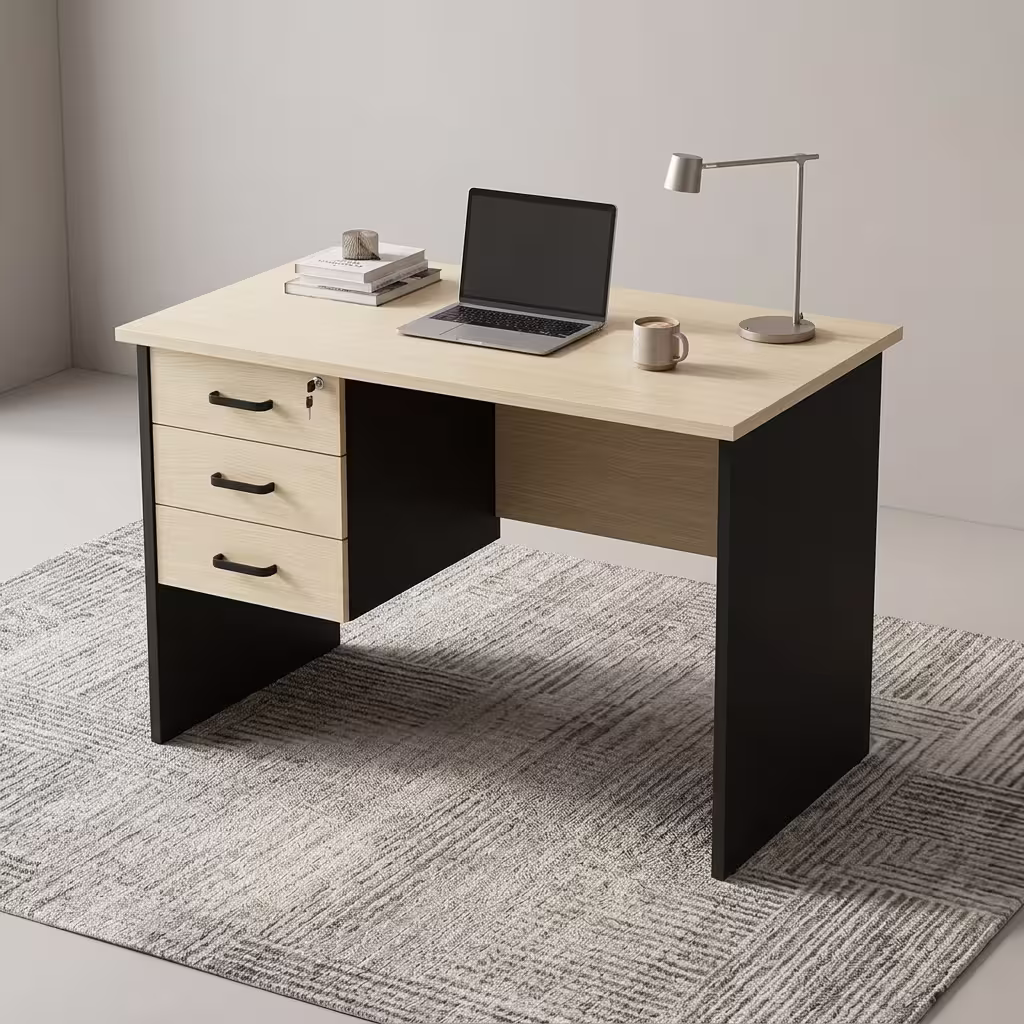 Premium 0.9M Custom Office/Home Desk featuring a smooth light wood tabletop, a built-in silver USB charging port panel, and a matte black metal frame standing in a sunlit corner room