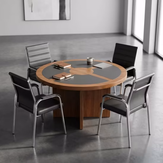 Premium Modern Round Conference Table featuring a smooth circular tabletop with a rich natural woodgrain finish, supported by a heavy-duty matte black central pedestal base inside a corporate suite.