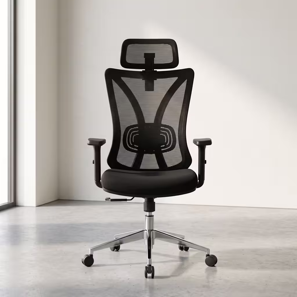 Premium High-Back Black Mesh Office Chair With Headrest featuring an open-airflow mesh backrest, matching black adjustable headrest, flat armrests, and a highly reflective polished chrome star base with rolling wheels, standing on a polished concrete floor.