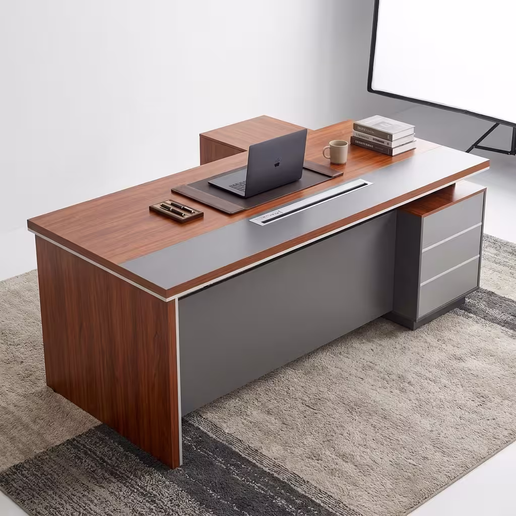 Premium 2000MM Modern Executive Office Desk in a rich walnut finish with a matte grey front modesty panel and an integrated side return storage cabinet, displaying a sleek laptop.