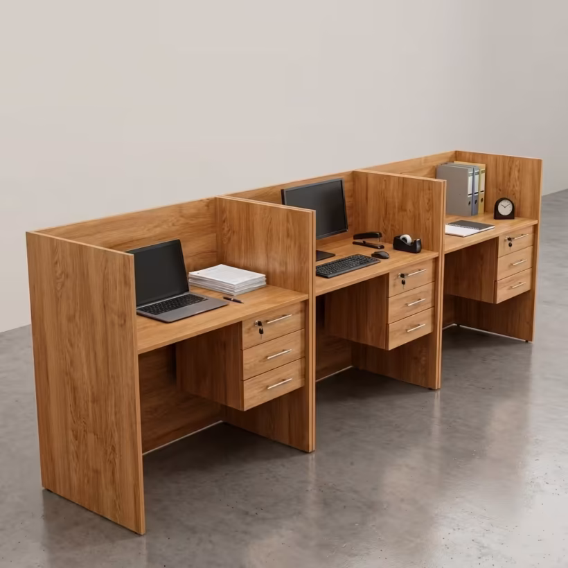 Premium 3-Way Workstation With Lockable Drawers in a warm teak woodgrain finish, showing three private inline desk cubicles in a row, each equipped with a laptop or monitor and an integrated 3-drawer lockable file cabinet.