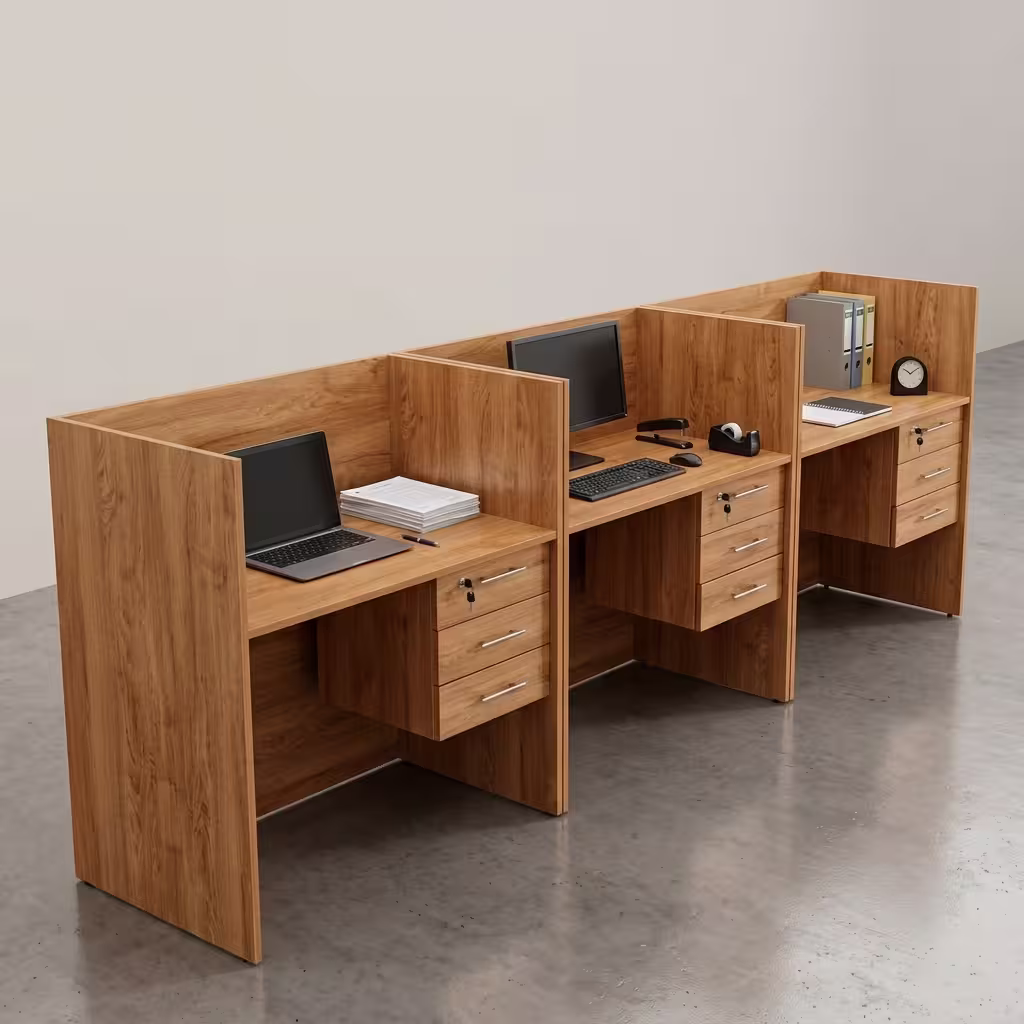 Premium 3-Way Workstation With Lockable Drawers in a warm teak woodgrain finish, showing three private inline desk cubicles in a row, each equipped with a laptop or monitor and an integrated 3-drawer lockable file cabinet.