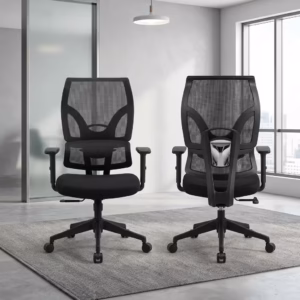 Premium Orthopedic High-Back Office Chair featuring an open-airflow black mesh backrest, integrated lumbar support section, flat T-shaped armrests, a plush black seat cushion, and a matte black five-star star base with rolling wheels, standing in a bright corporate office.
