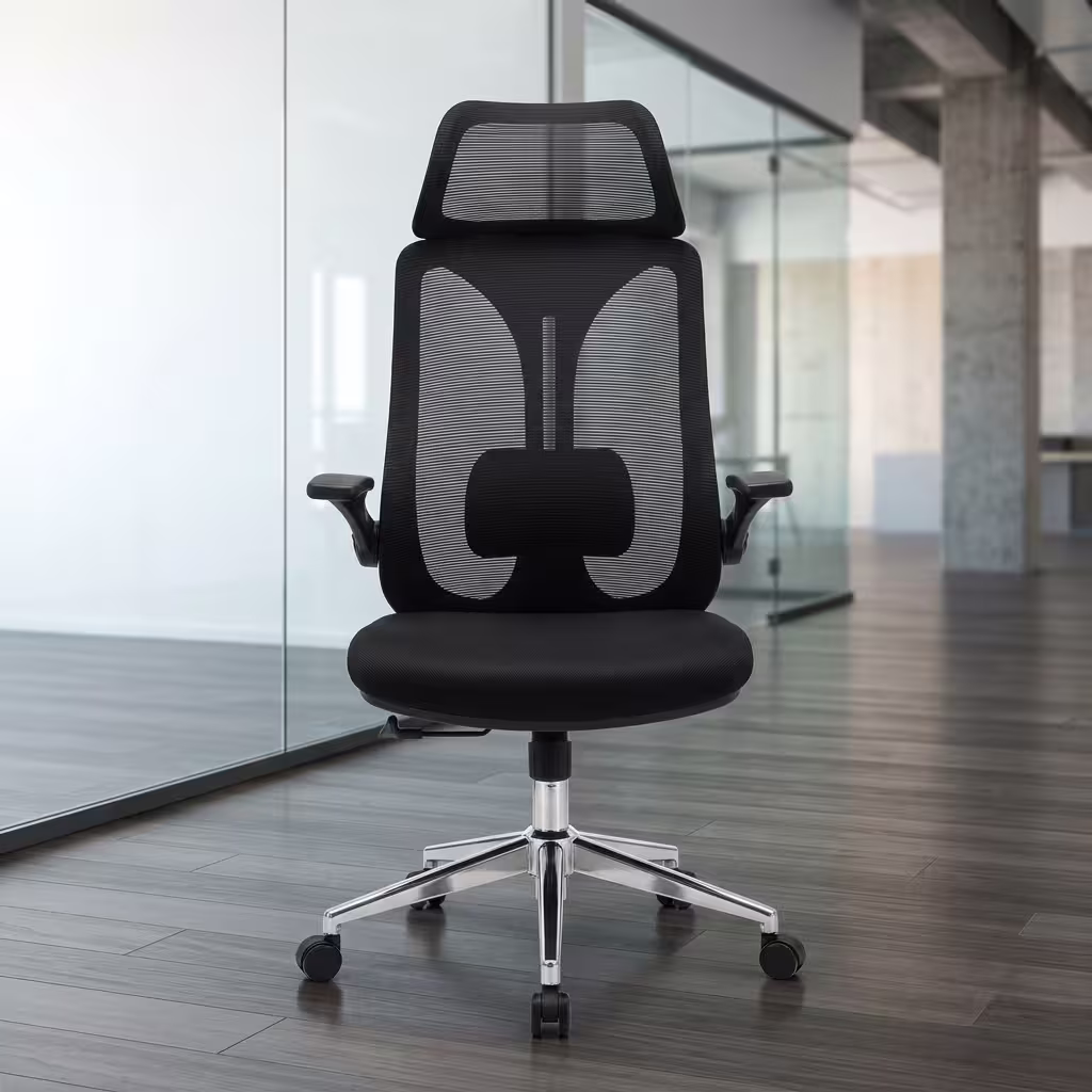 Premium High-Back Modern Ergonomic Office Swivel Chair featuring a black open-mesh backrest, integrated wide neck headrest, flip-up T-shaped armrests, a thick black fabric seat cushion, and a reflective polished chrome star base with rolling wheels, standing on a polished concrete floor.