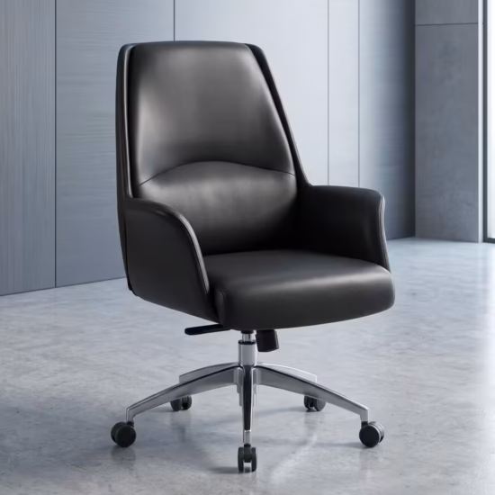 Premium Mid-Back Executive Black Leather Office Chair featuring a matte black leatherette upholstered body shell, structured flared armrests, an under-seat height adjustment lever, and a highly reflective polished aluminum five-star star base with rolling wheels.