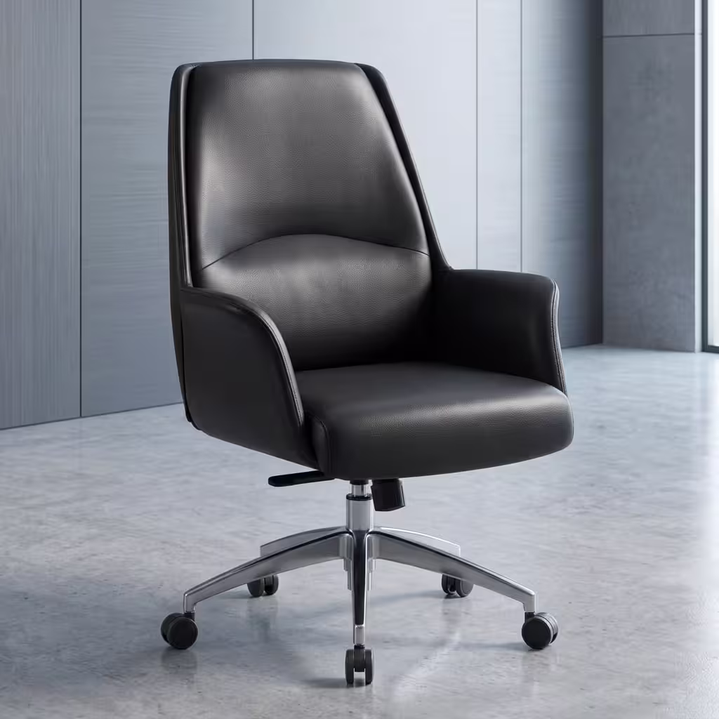 Premium Mid-Back Executive Black Leather Office Chair featuring a matte black leatherette upholstered body shell, structured flared armrests, an under-seat height adjustment lever, and a highly reflective polished aluminum five-star star base with rolling wheels.