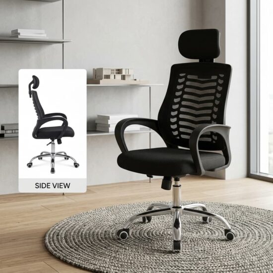 Swivel Mesh Ergonomic Office Chair featuring a black mesh backrest, horizontal skeletal lumbar ribs, rectangular headrest, contoured fabric seat cushion, open-loop black armrests, and a polished five-star chrome base with dual-wheel casters.