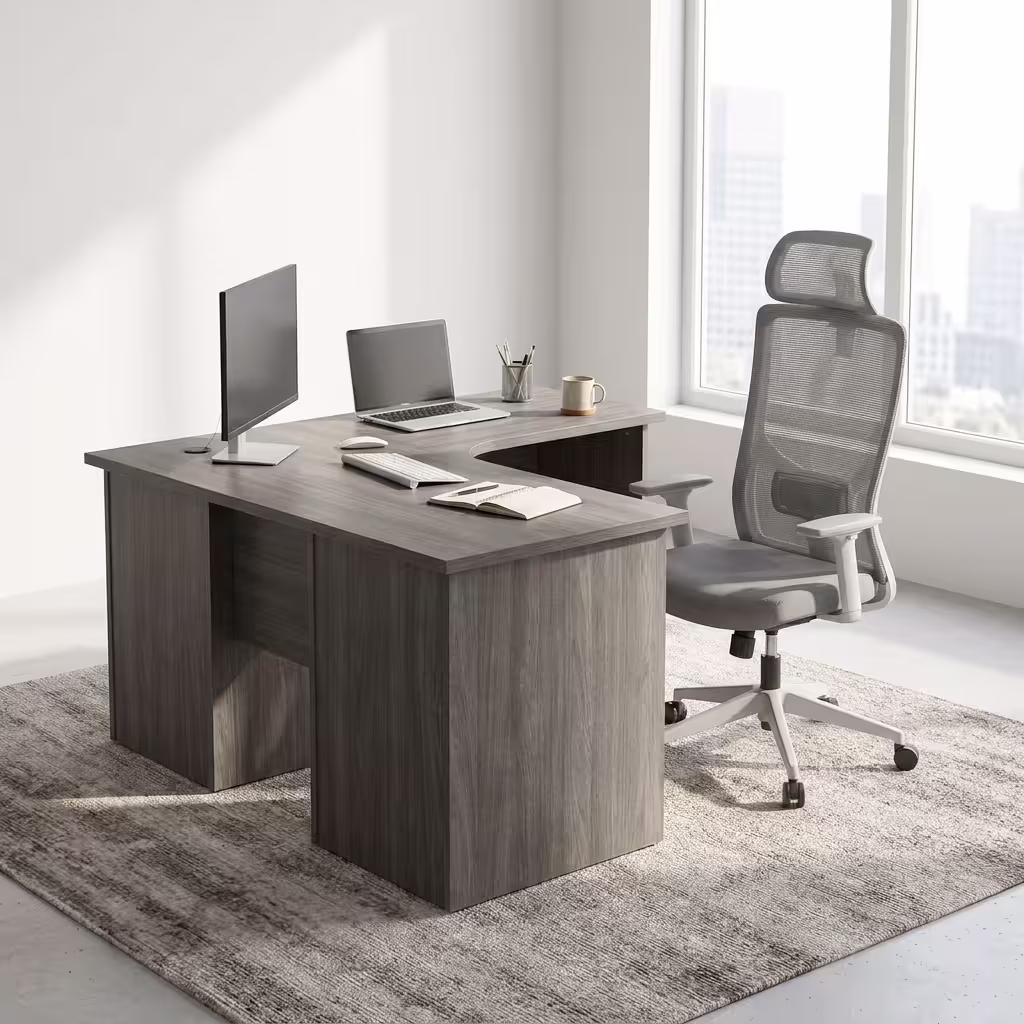 Premium 1.4M Curved Office Desk in a modern oak wood finish with black metal legs, displaying a laptop and office documents in a bright workspace corner.