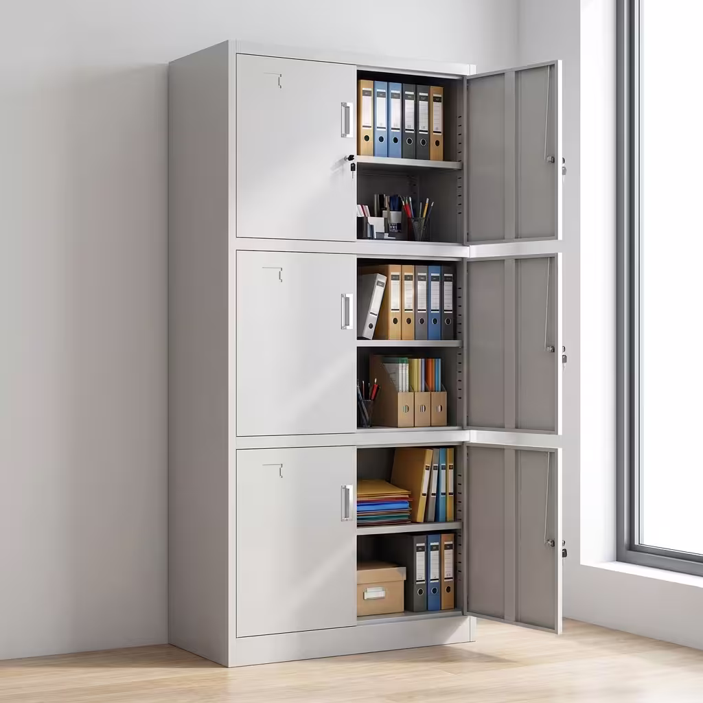 Tall 6-Locker Metallic Filing Office Cabinet in a professional matte gray finish, highlighting a 2x3 grid of doors with individual key locks and air ventilation slots in a modern corporate staff room.